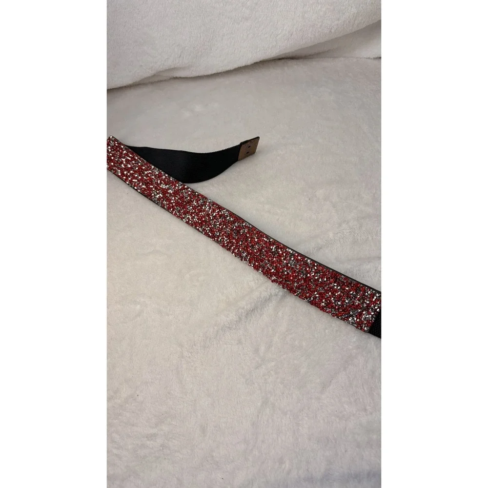 Red & Silver Rhinestone Wide Elastic Cinch Waist Belt Sparkly Crystal Stretchy